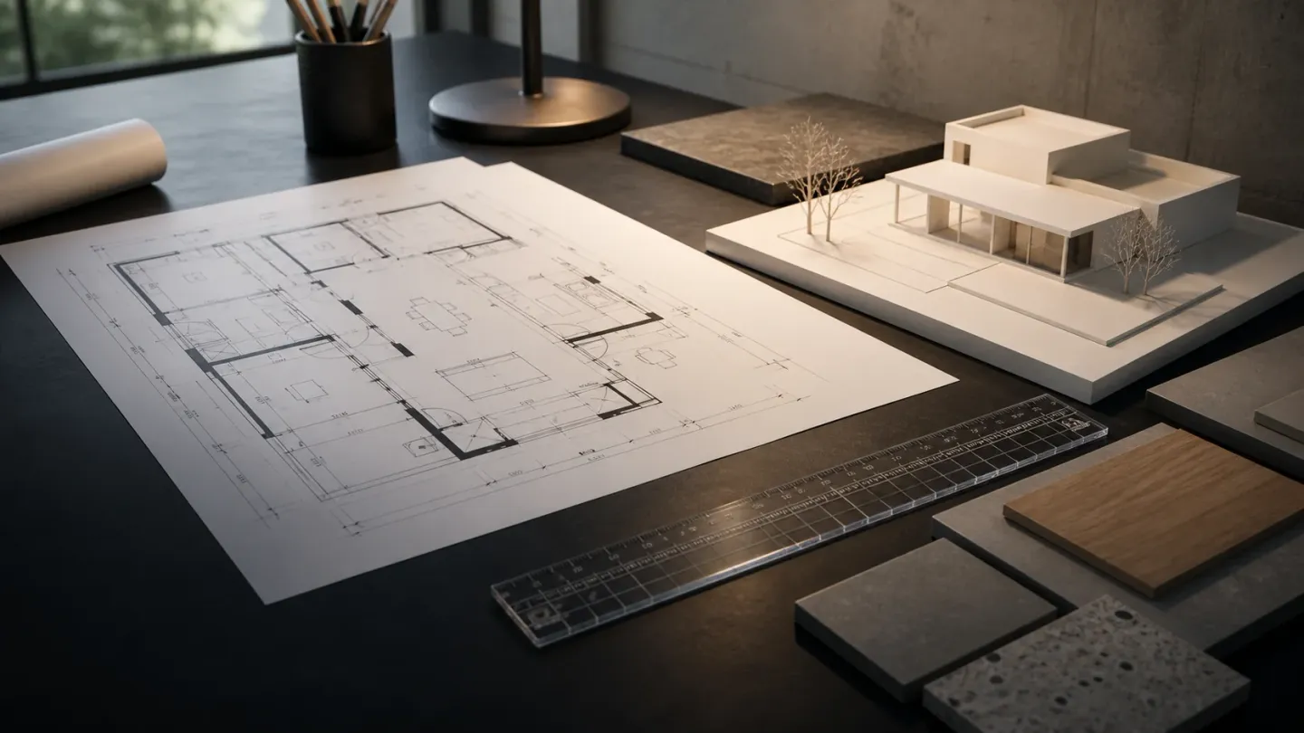 Measured floor plan beside a white architectural massing model on a studio table.