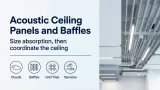 Acoustic Ceiling Panels and Baffles banner with clouds, baffles, grid tiles and services icons