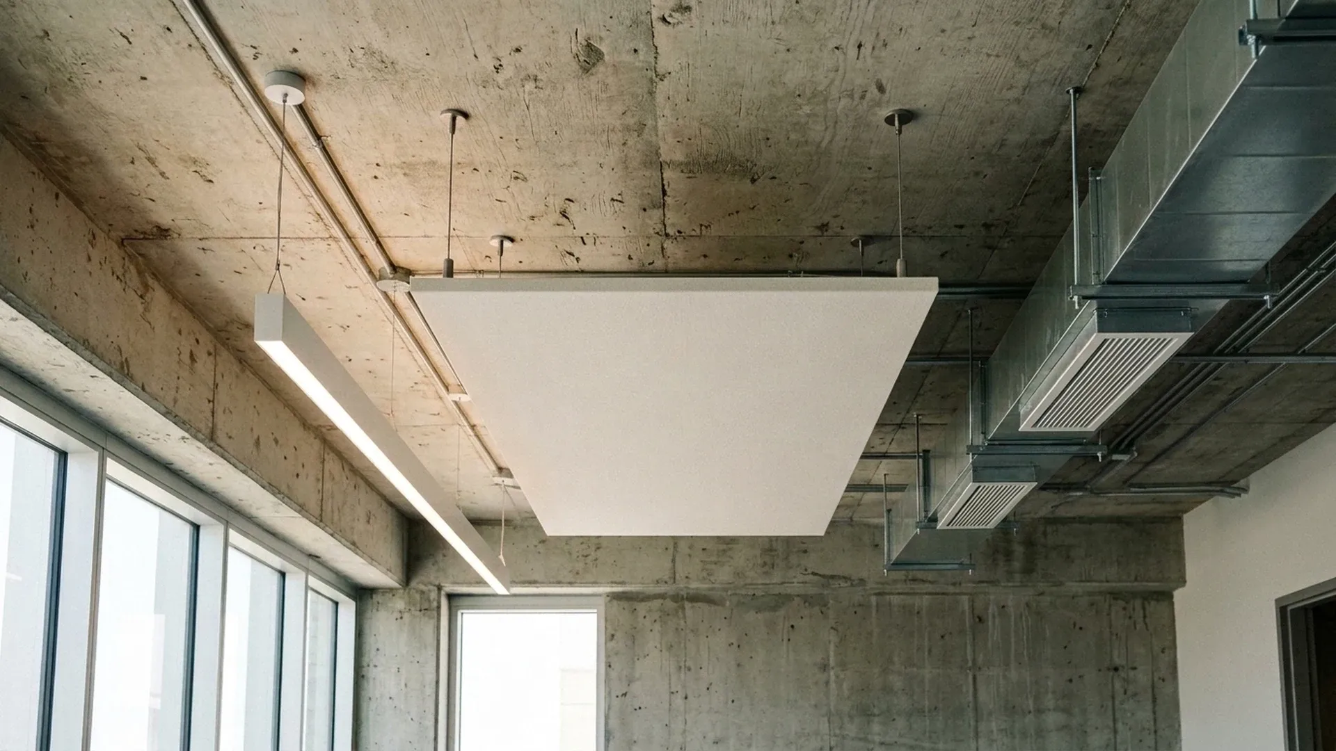 Suspended ceiling island beside a separately suspended linear light and a metal air terminal