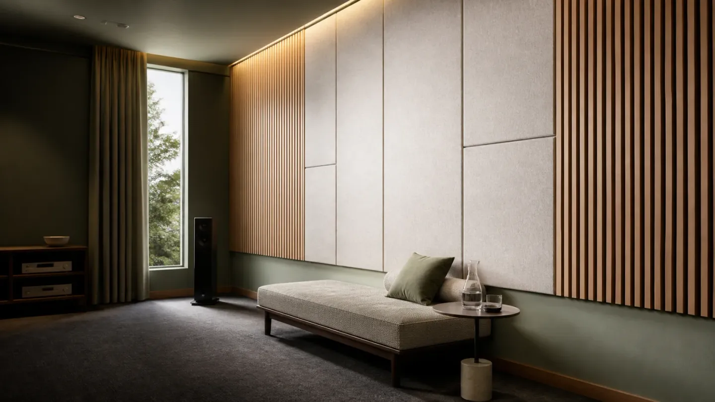 Quiet listening room lined with pale acoustic panels and vertical timber slats.