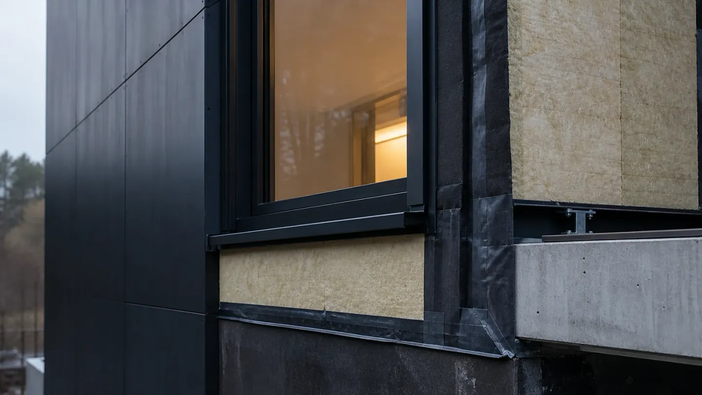 Close exterior view of a dark window frame set into continuous insulation and a taped air-barrier membrane.