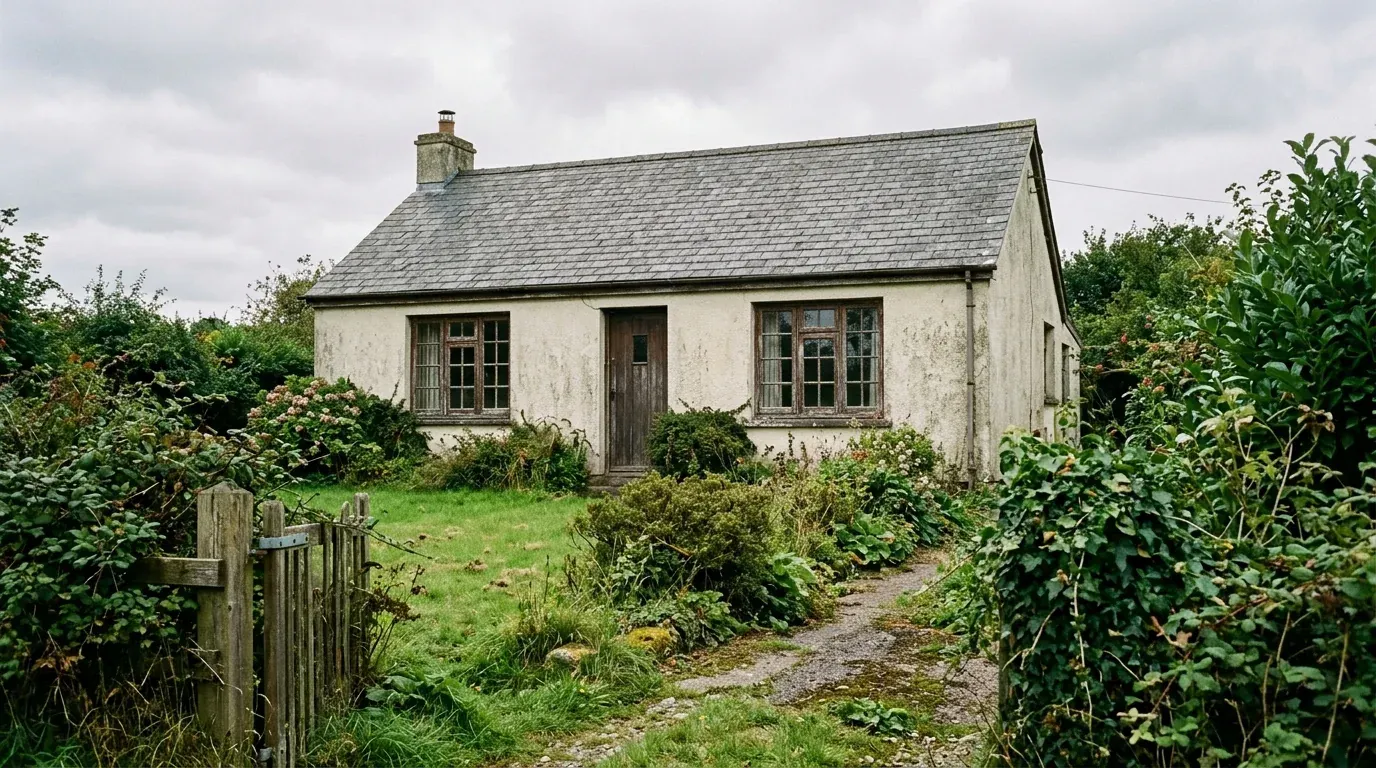 A modest plastered house with a pitched roof, seen across a small garden under an overcast sky.