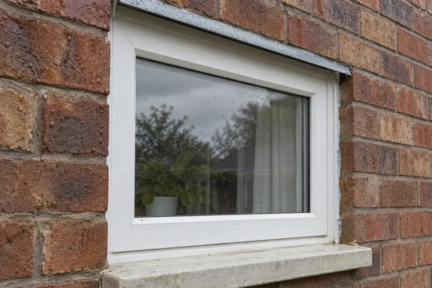 Brick wall, window head flashing, white frame and projecting sill after light rain; AI-generated illustration.