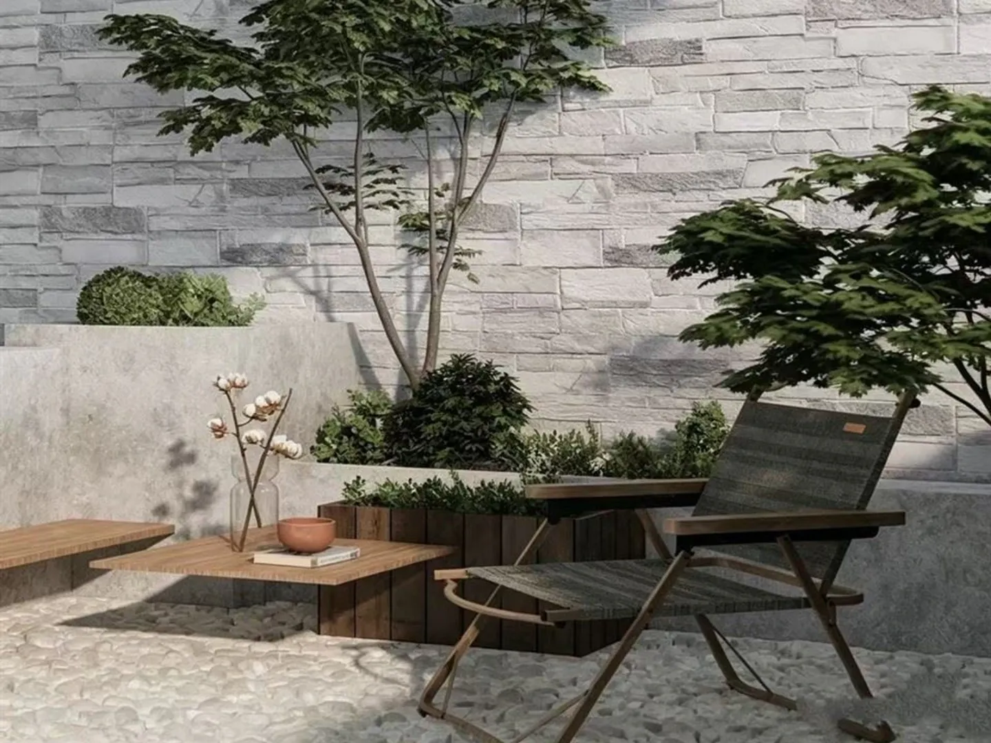 Light stone-clad garden wall beside planting and outdoor seating.
