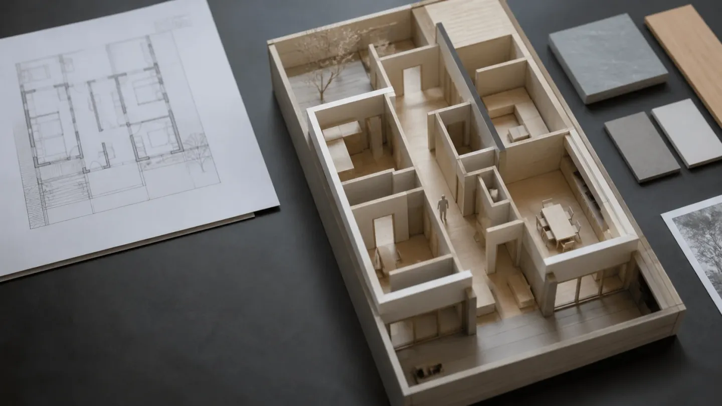 Open-top physical house model showing a central hallway and connected rooms beside a floor plan.