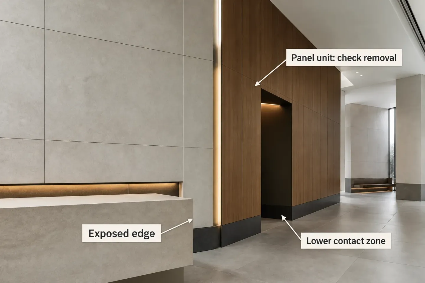 Illustration of a reception interior with labels for the lower contact zone, an exposed counter edge and a wall-panel unit whose removal method needs checking.
