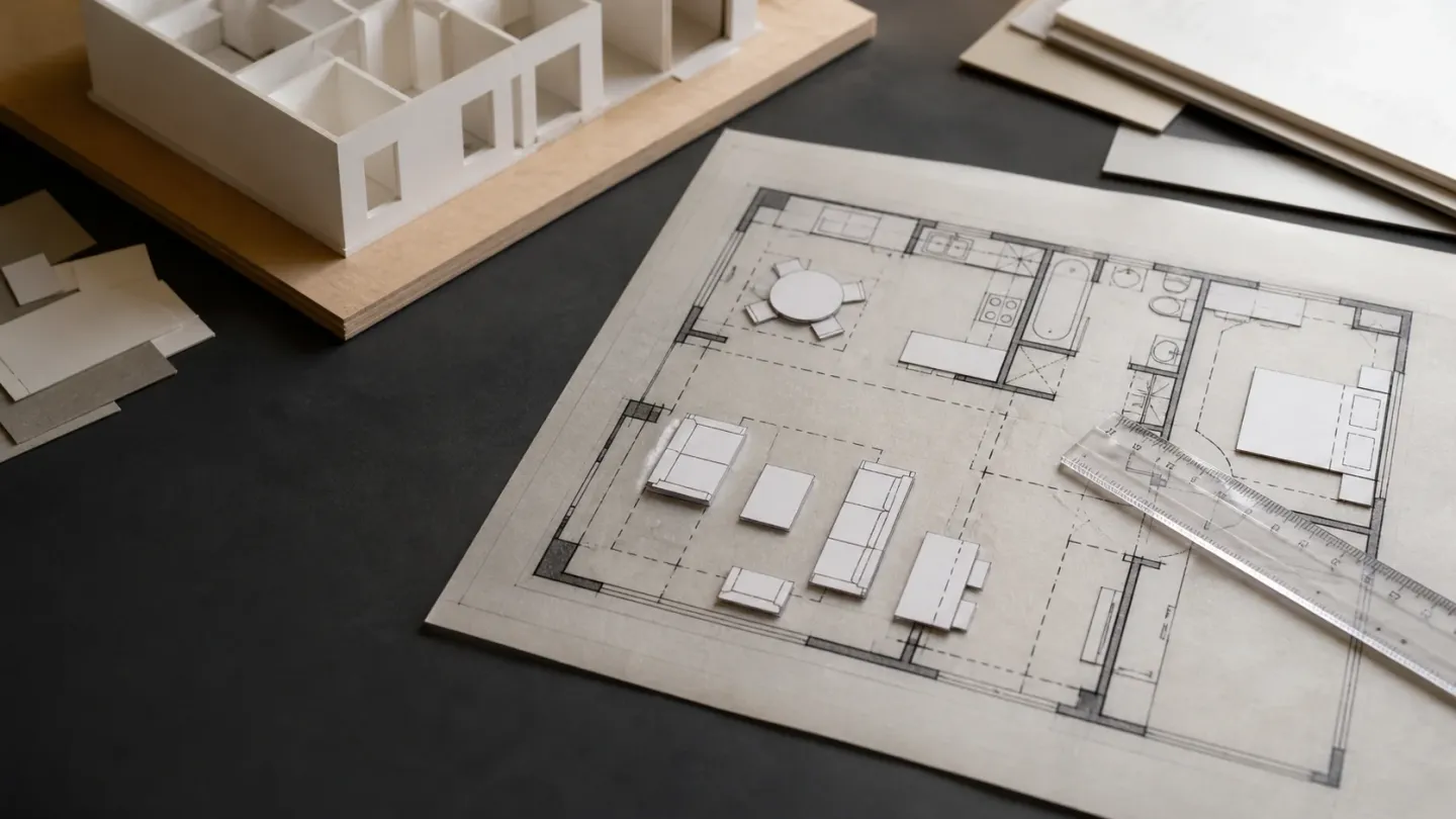 Floor plan with scale furniture templates and a transparent ruler used to check room clearances.