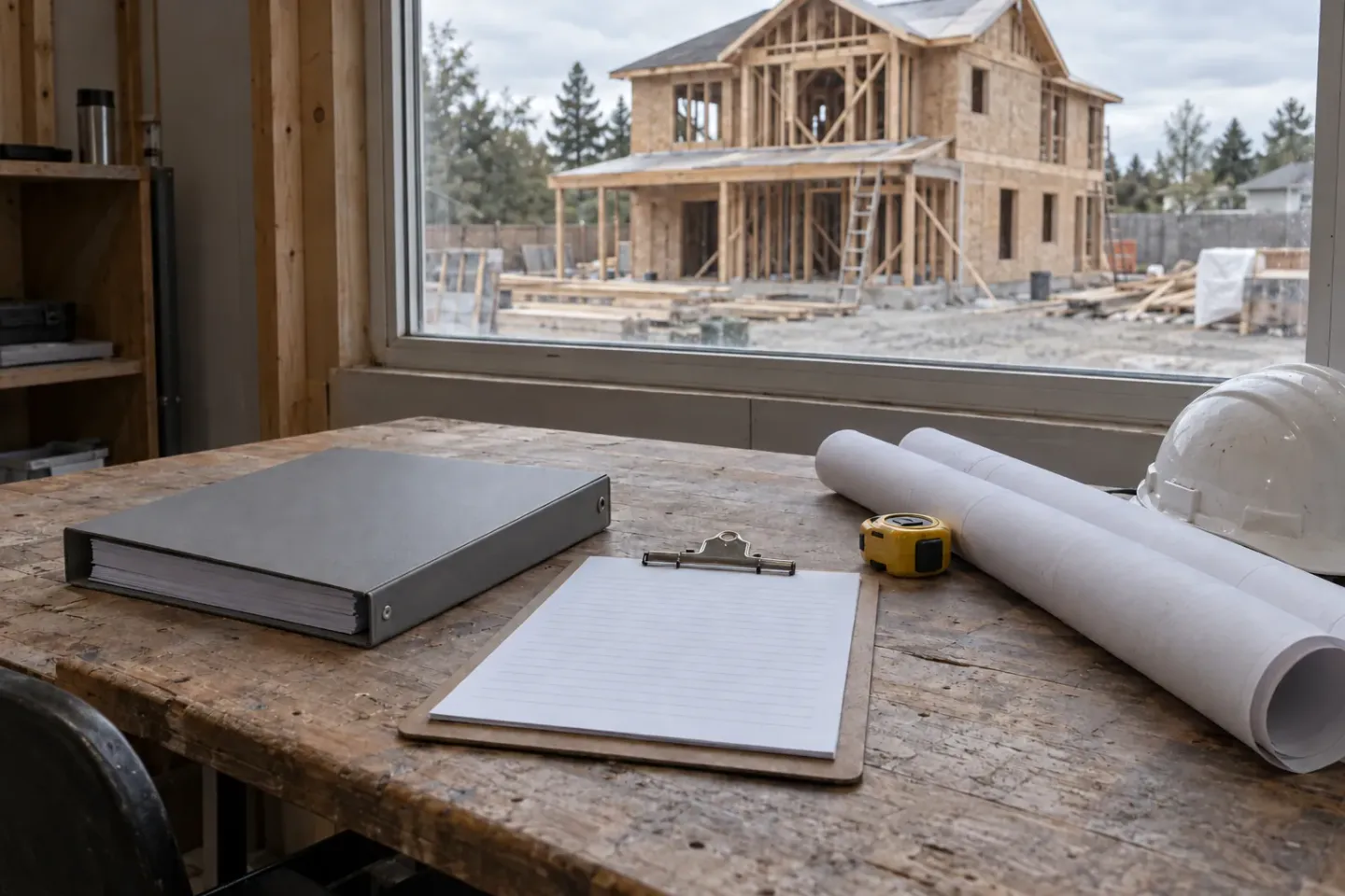 Site-office table with a closed binder, a clipboard and rolled drawings beside a window; outside, an unfinished two-storey timber-framed house under overcast light.