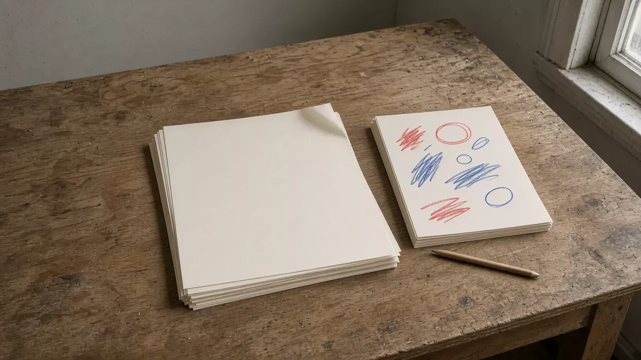 Two stacks of cream sheets on a worn wood table, one blank and one with red and blue pencil strokes, and a pencil.