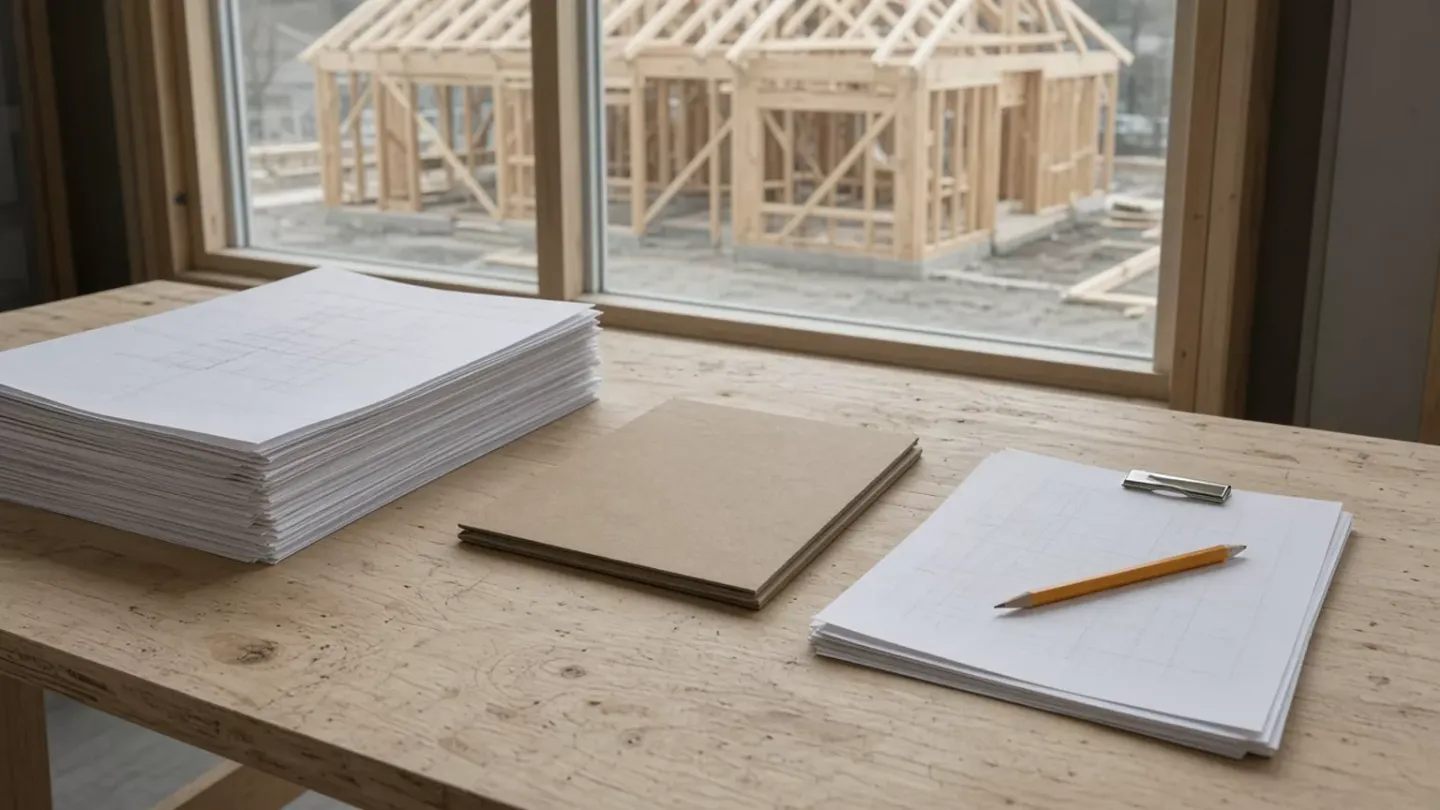 Two stacks of drawing sheets and a closed folder on a plywood table, with a timber house frame visible through the window.