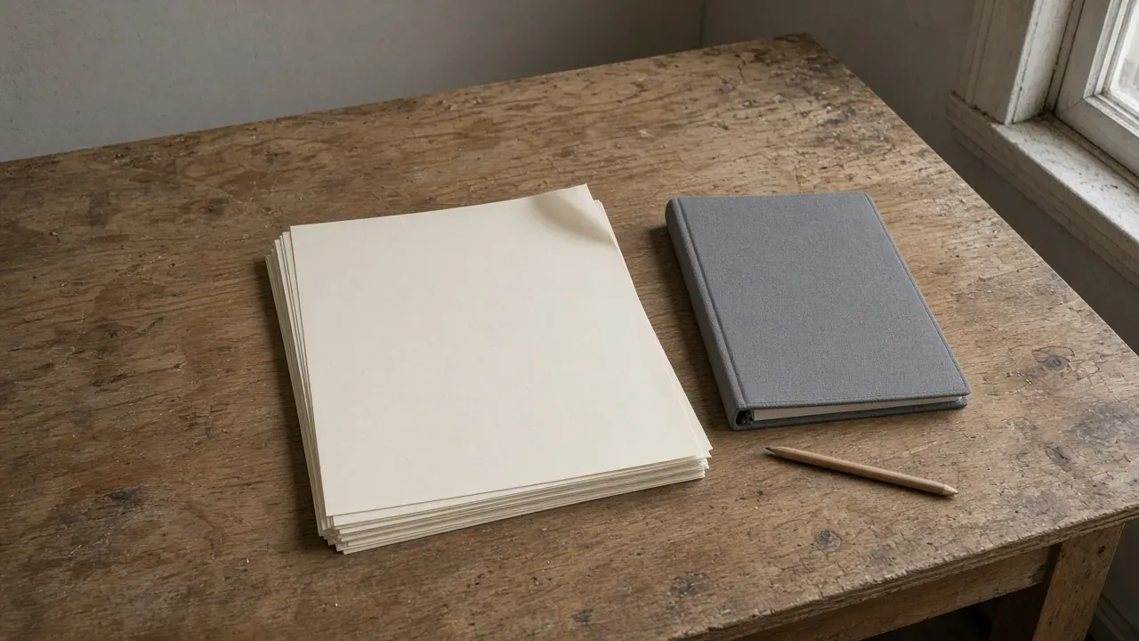 A stack of blank cream sheets and a closed gray binder on a worn wood table, with a pencil.