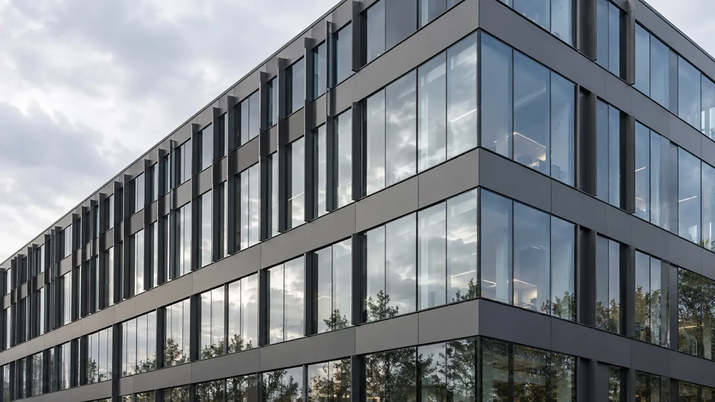 Oblique view of a glazed building corner with dark mullions and opaque horizontal bands.