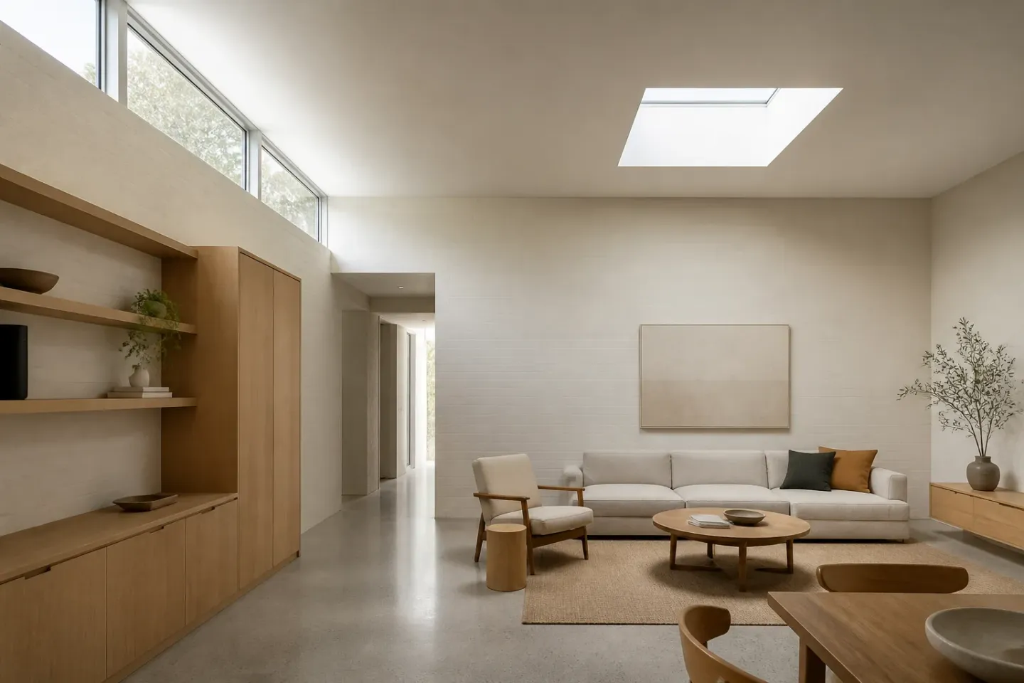 Daylit living room with high clerestory glazing and a rooflight distributing soft light across the full depth of the space.