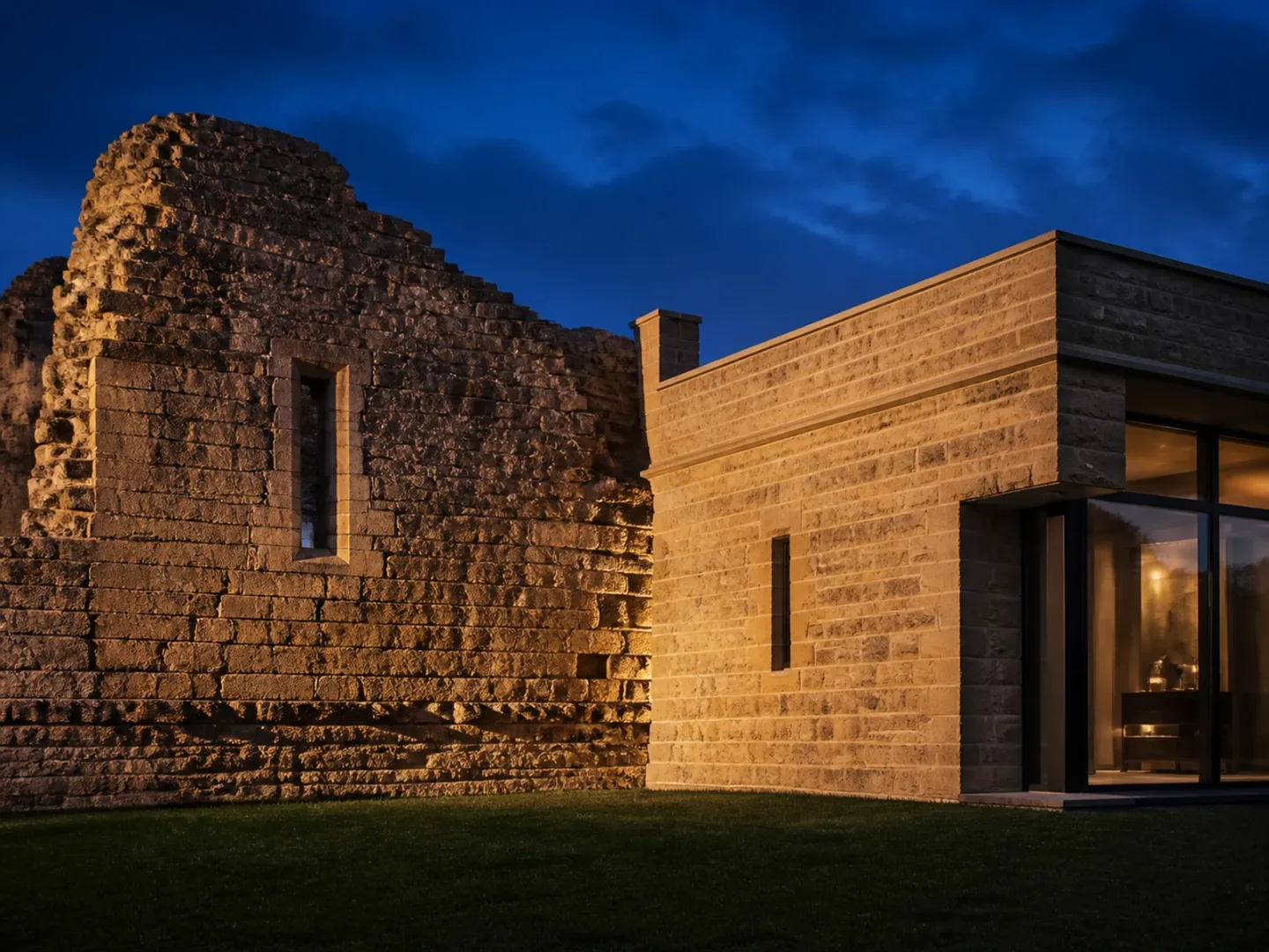 Centuries-old stone wall meeting a precise modern extension in matching stone.