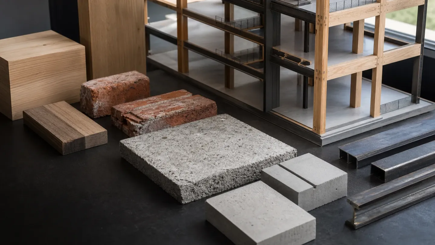 Timber, reclaimed brick, steel and concrete samples arranged around a partial building-frame model.