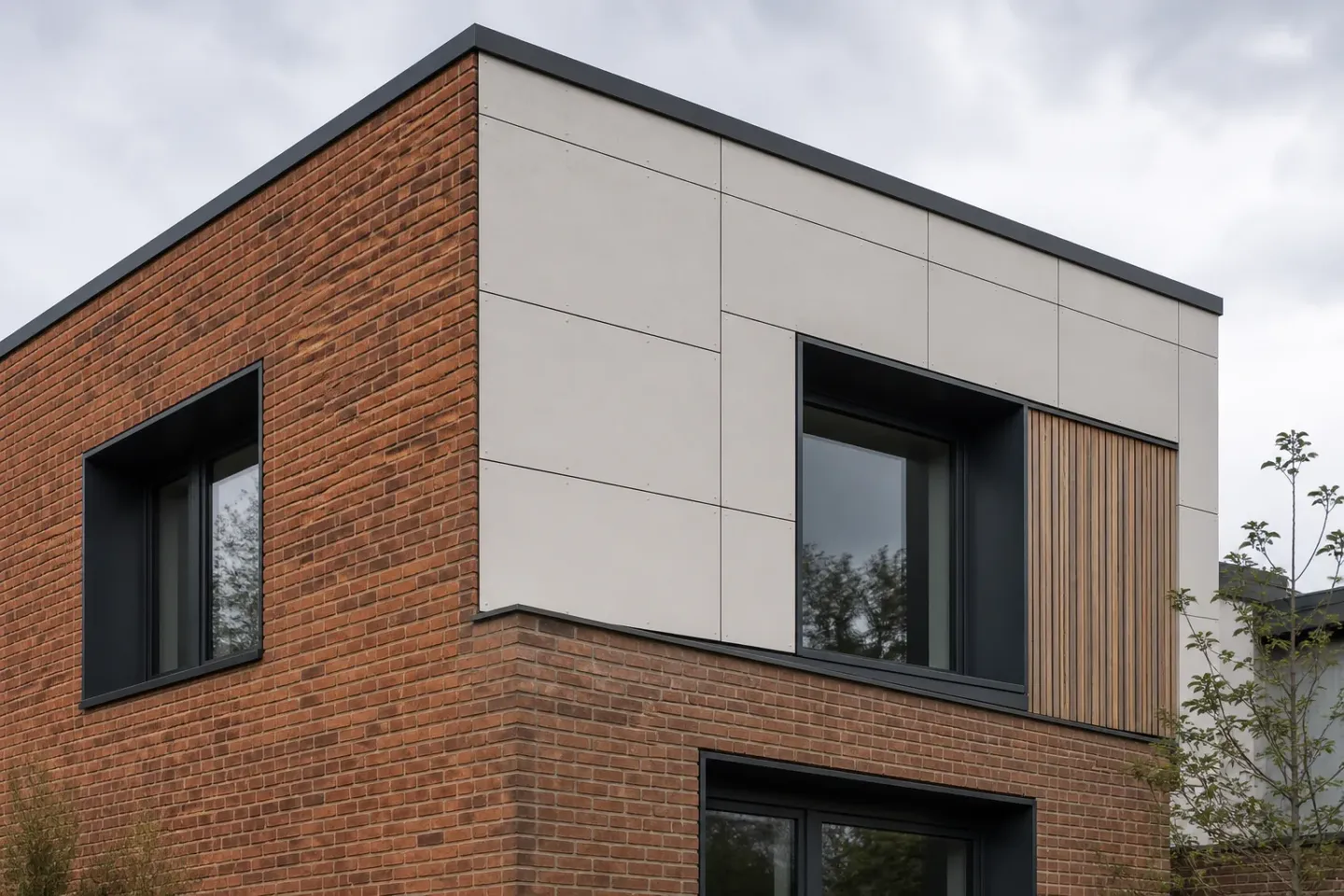 Building corner combining brick, pale fibre-cement rainscreen panels, deep charcoal window reveals and a timber screen.