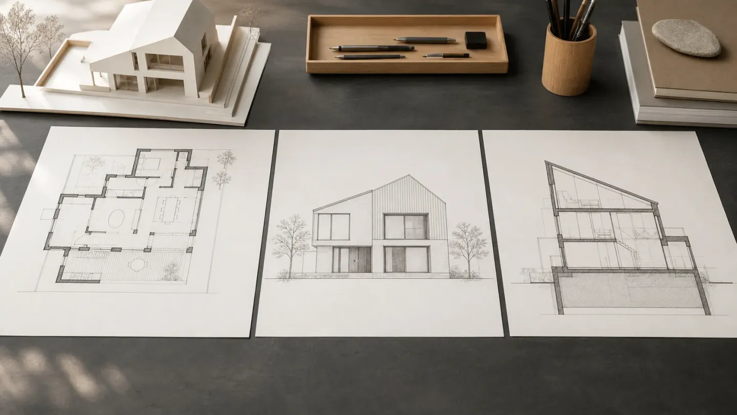 Floor plan, front elevation and building section drawings arranged beside a white house model.