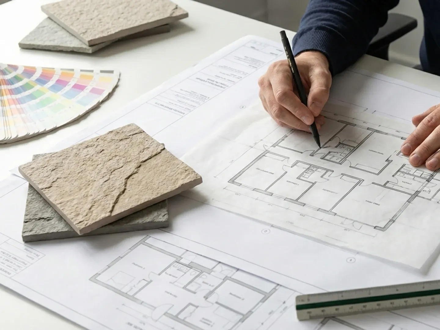 Architect reviewing material samples beside floor-plan drawings and color swatches.