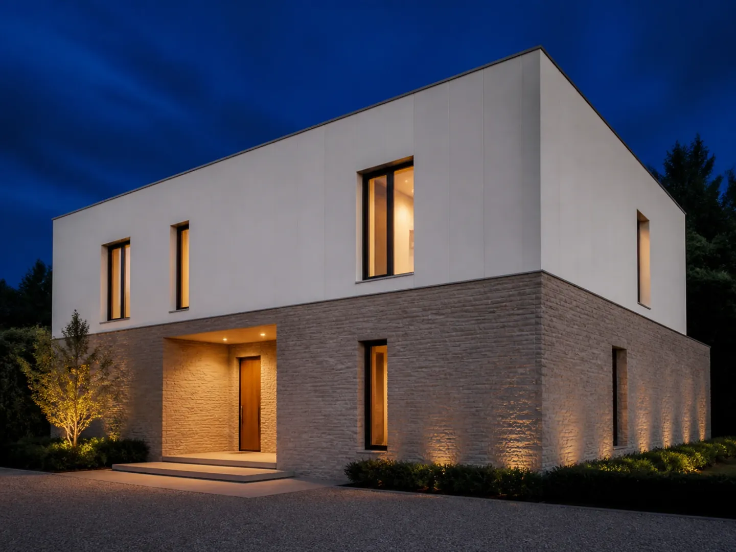 House facade with a masonry base and pale upper cladding divided at first floor.
