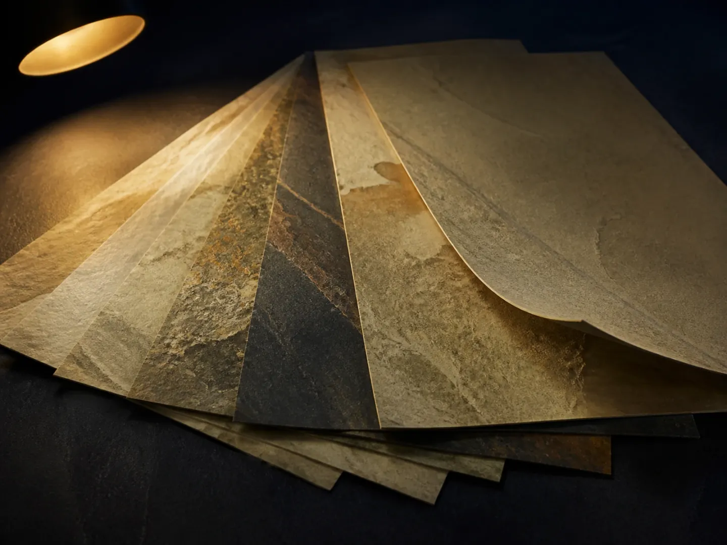 Fanned thin stone-veneer samples under a focused warm lamp.