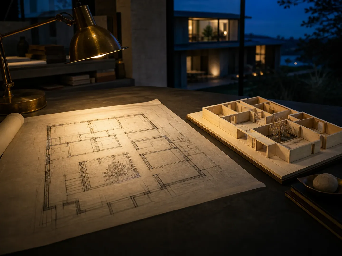 A hand-drafted house floor plan and a basswood plan model on a desk at dusk.