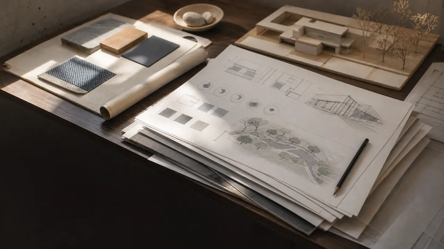 Architectural brief papers, site sketches, material samples and a small house model on a studio table.