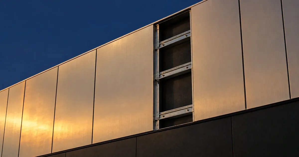 Thin facade panels with an open bay showing horizontal support rails