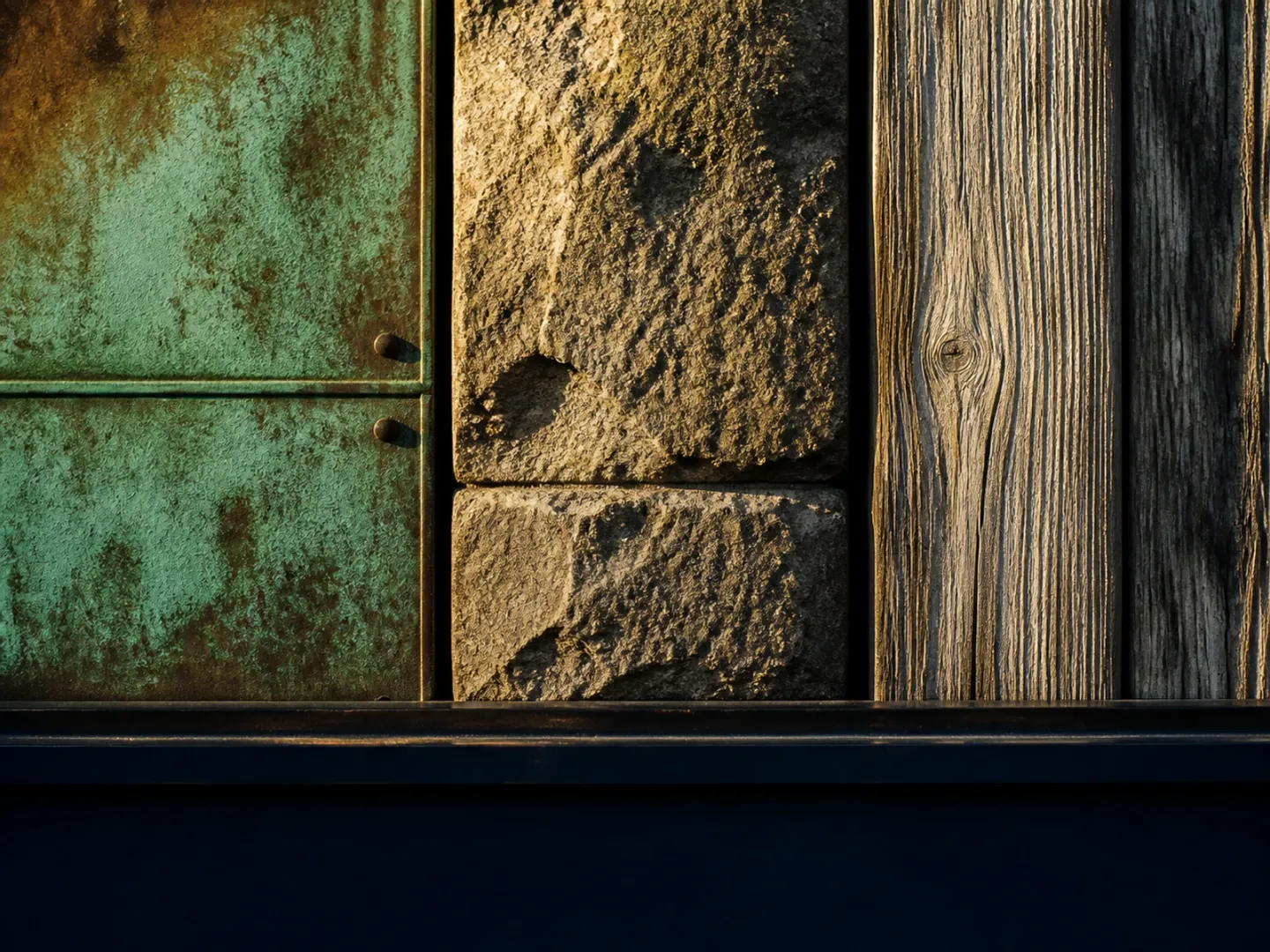 Patinated metal, weathered stone and silvered timber shown side by side.