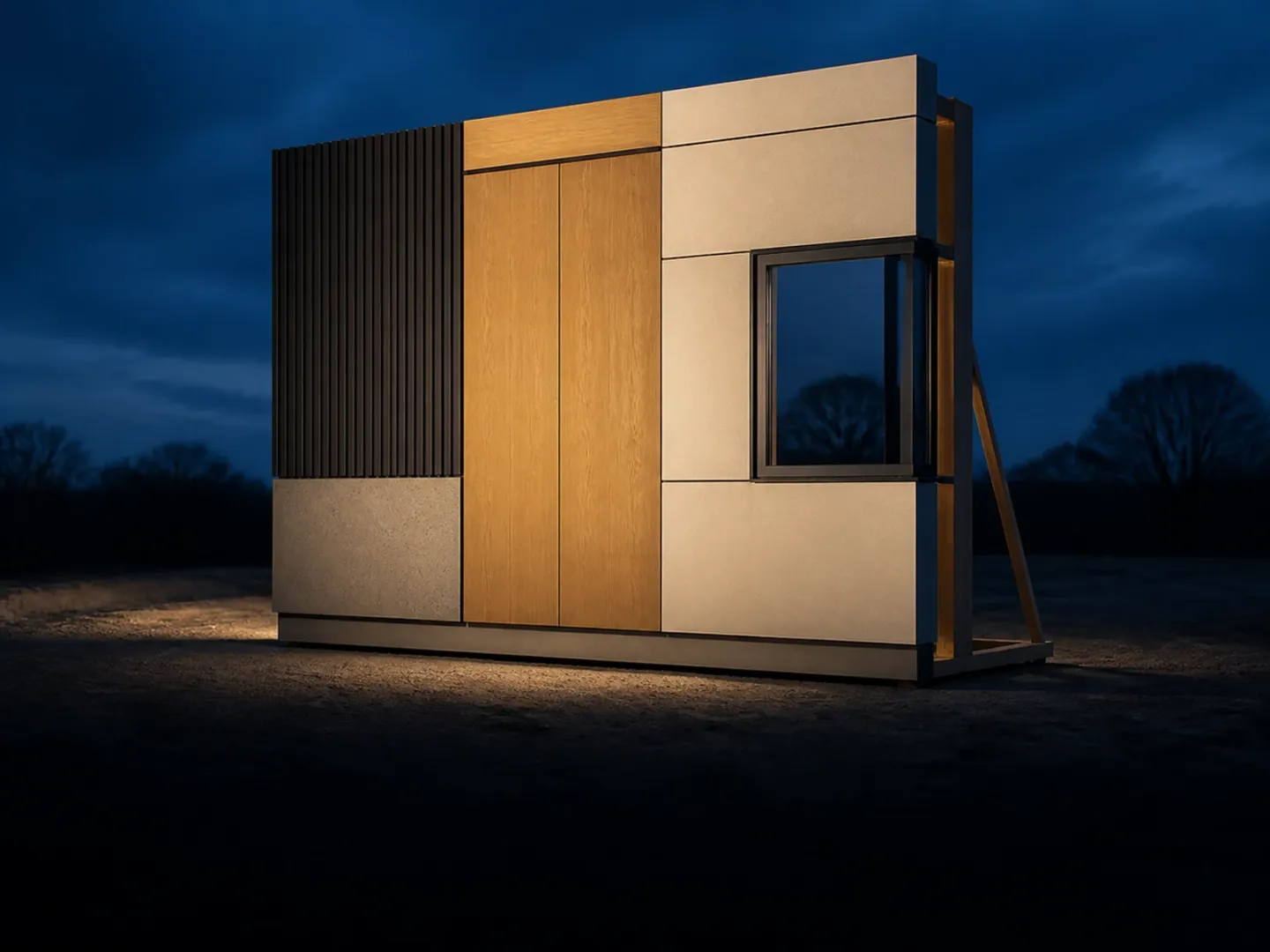 Freestanding facade mockup with cladding, joints and a window opening on an empty site.