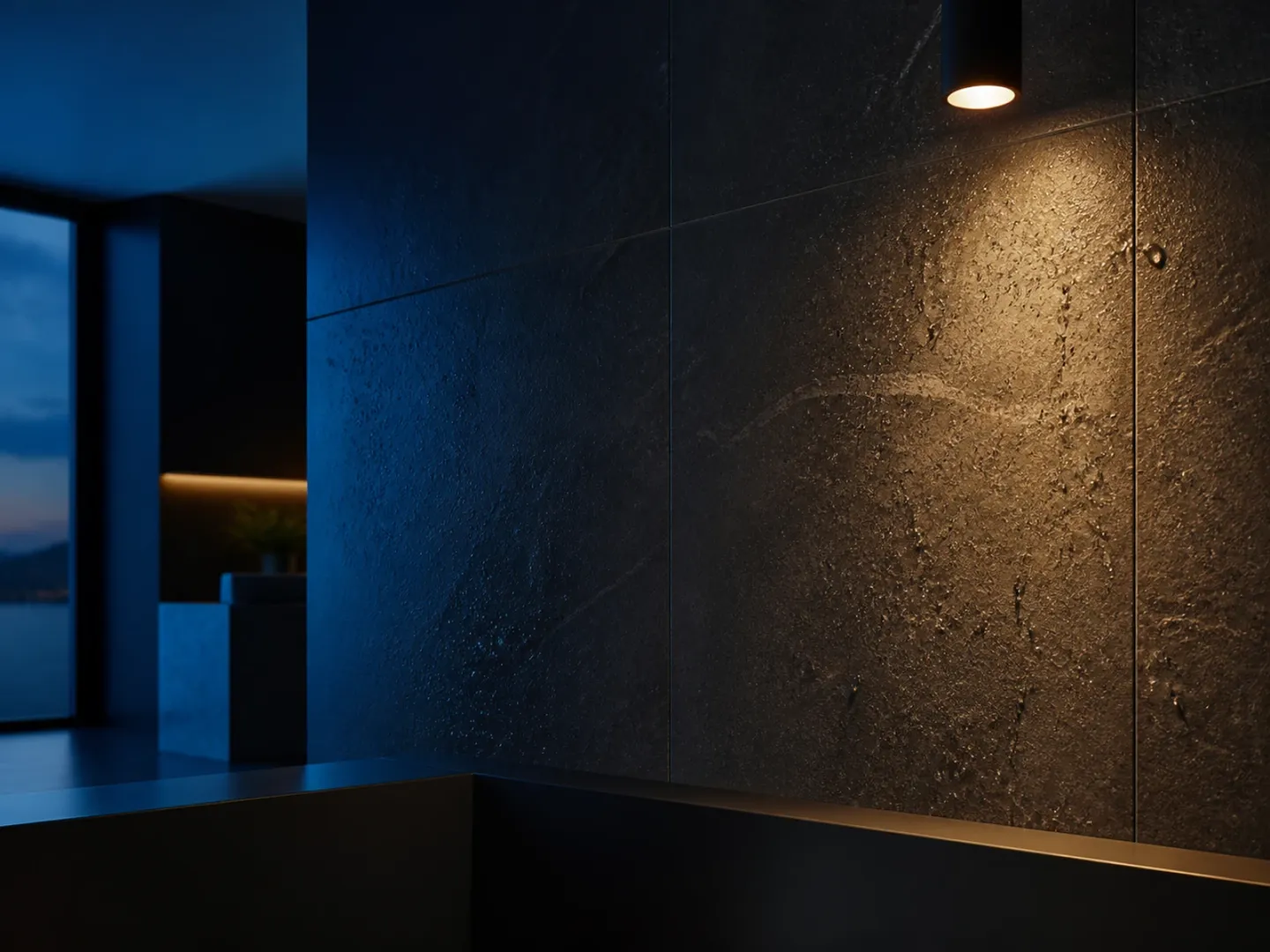 Dark large-format bathroom wall panels with water droplets catching warm light.