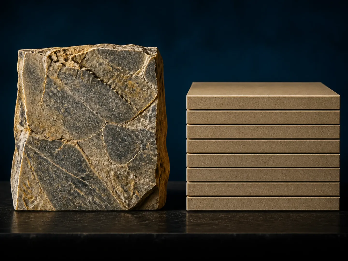 Rough natural stone beside precisely stacked uniform engineered panels.