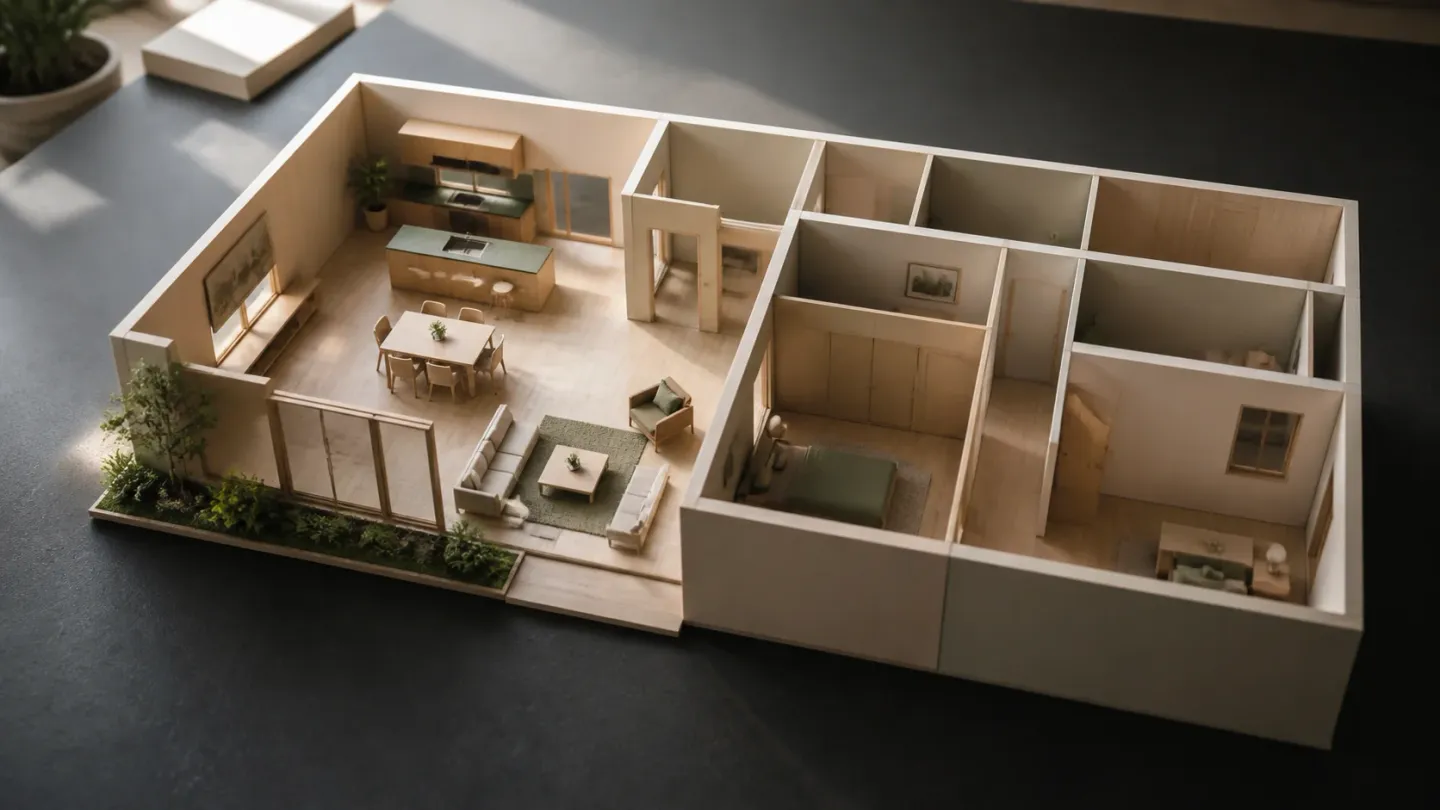Physical house model contrasting an open kitchen-living space with quieter enclosed rooms.