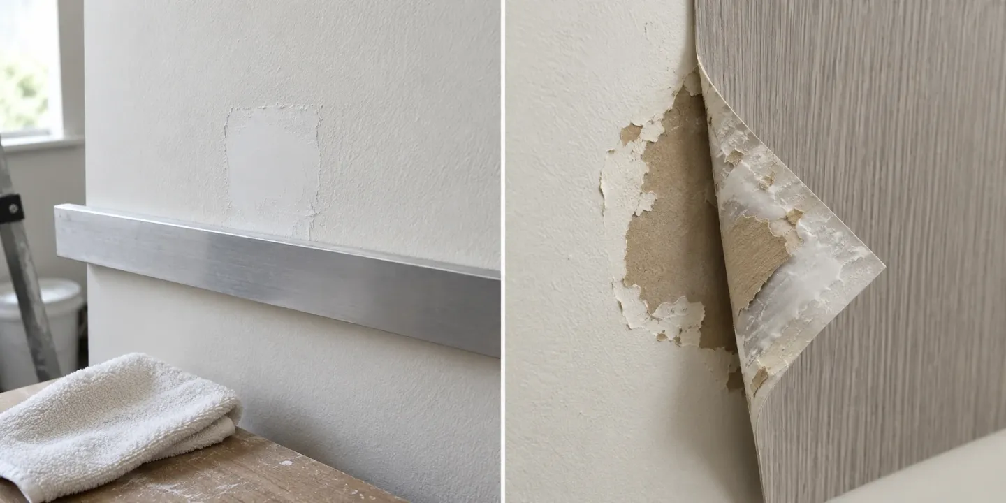 Illustration showing a repaired wall checked with a straightedge beside a panel lifted from drywall with damaged paint and paper facing.