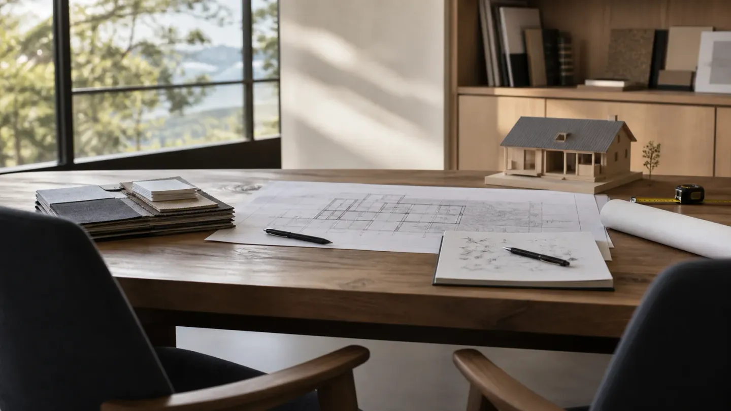 Two chairs around a consultation table with plans, material samples and a small house model.