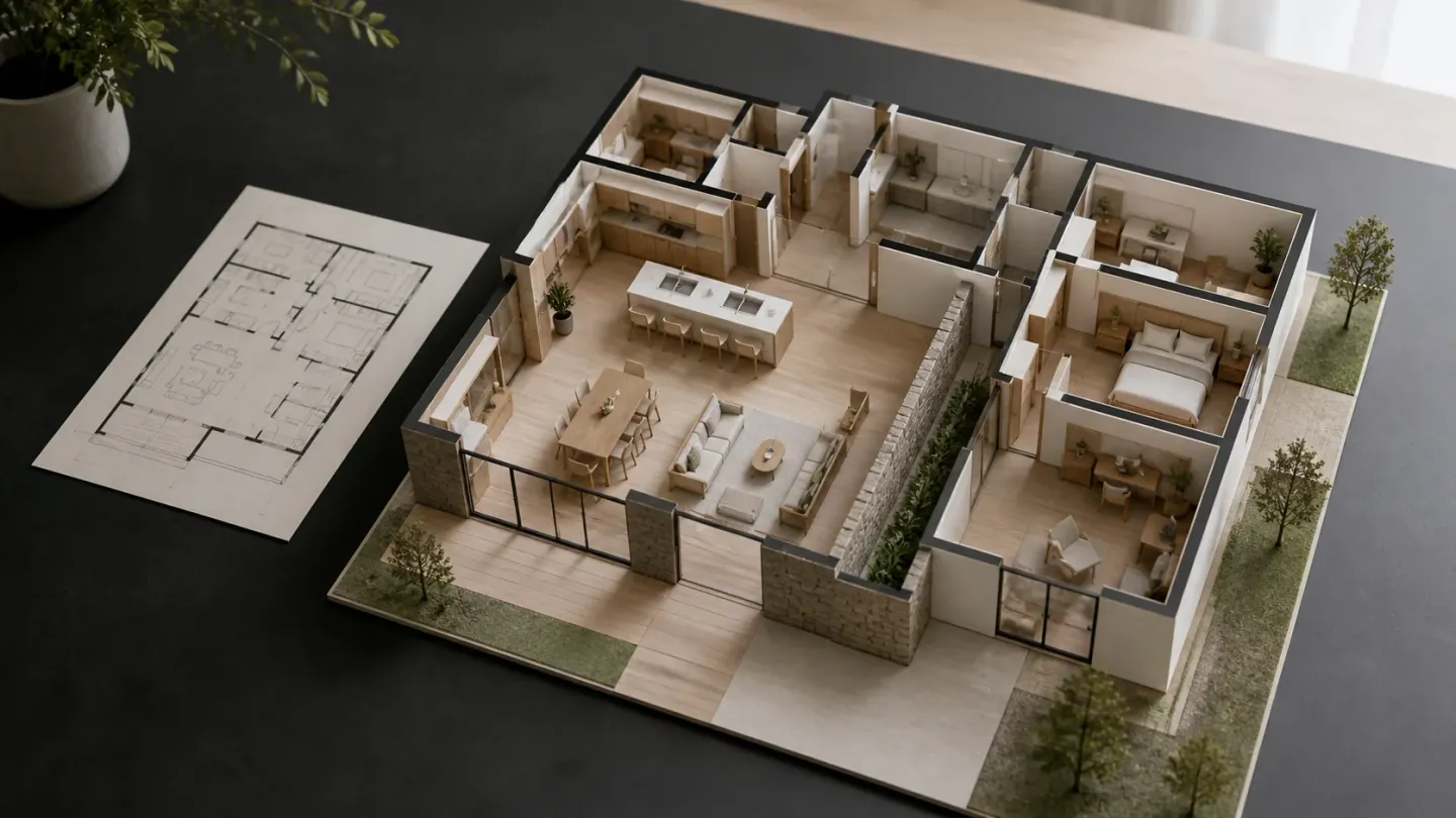 Open-top house model showing connected living spaces and separate private rooms beside a floor plan.
