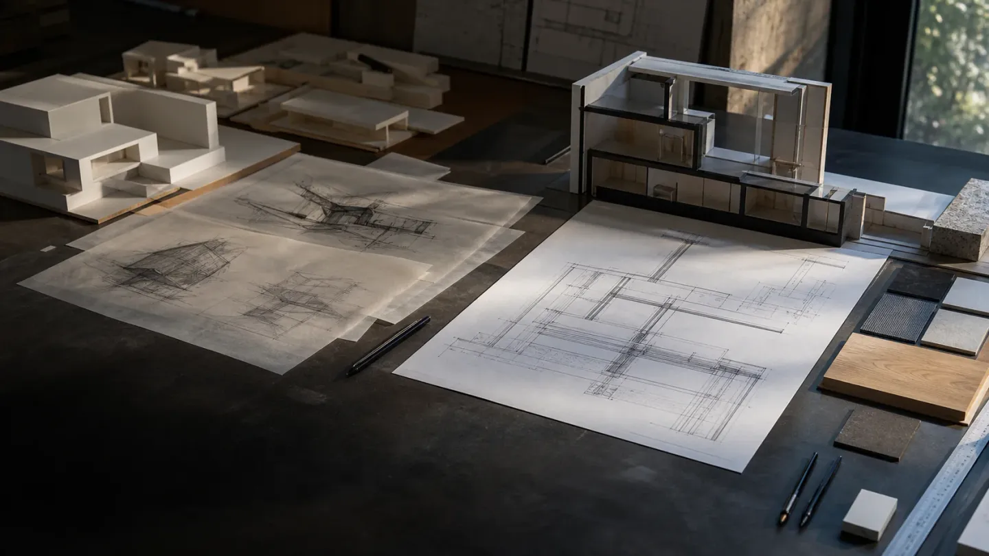 Early massing models and loose concept sketches beside a precise building section and material samples.
