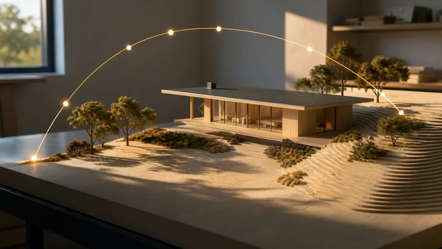 House site model with deep overhangs, long afternoon shadows and an unlabelled sun-study arc.