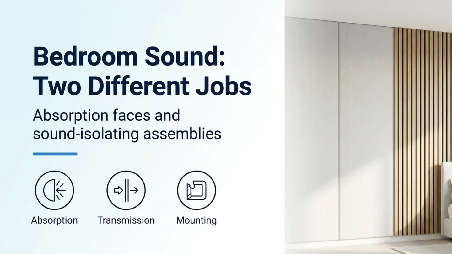 Bedroom Sound Two Different Jobs banner with absorption, transmission and mounting icons