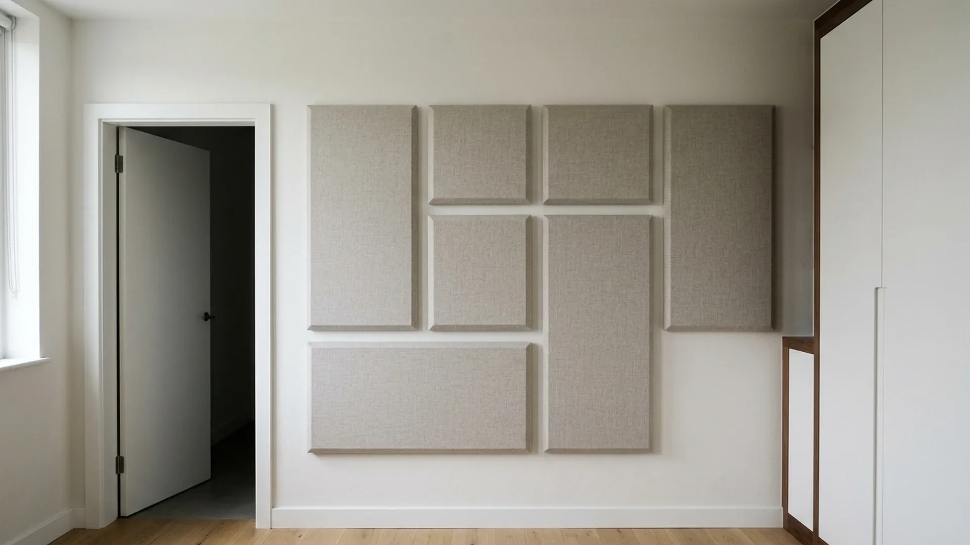 Fabric wall panels between a doorway and fixed wardrobe