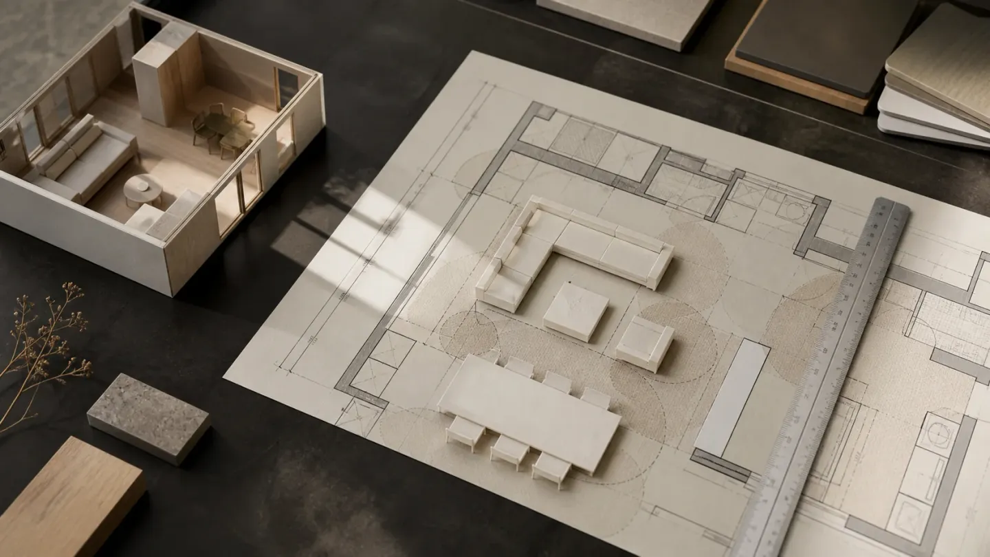 Floor plan with miniature furniture pieces, clearance circles and a scale ruler beside a physical room model.