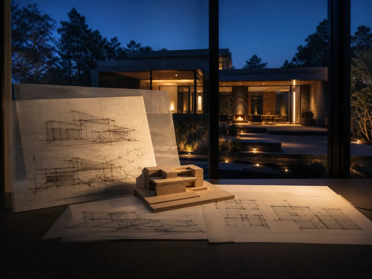 Architectural sketches and a basswood model in front of a completed modern house at dusk.