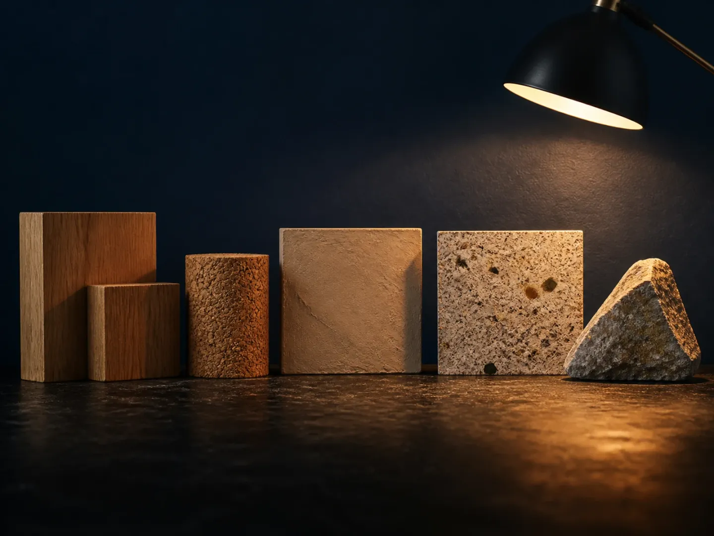 Timber, cork, clay, recycled panel and stone low-impact material samples.