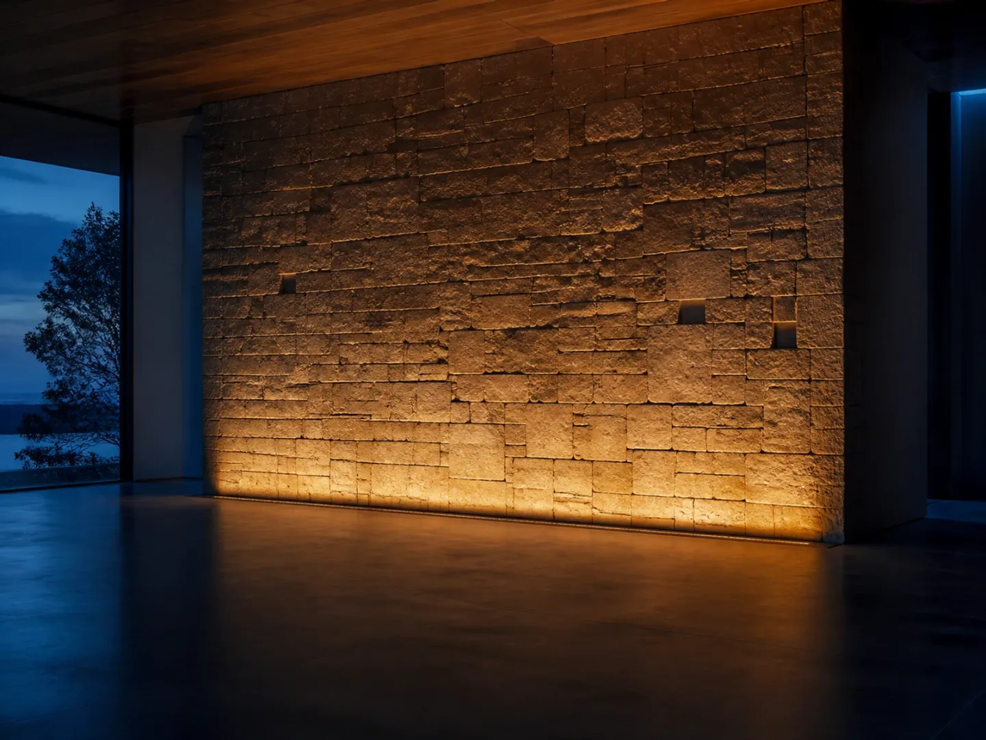 Massive exposed masonry wall glowing in a cool shadowed interior.