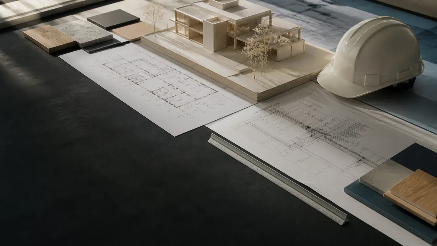 Architectural plans, a building model, material samples and a hard hat arranged on a studio table.