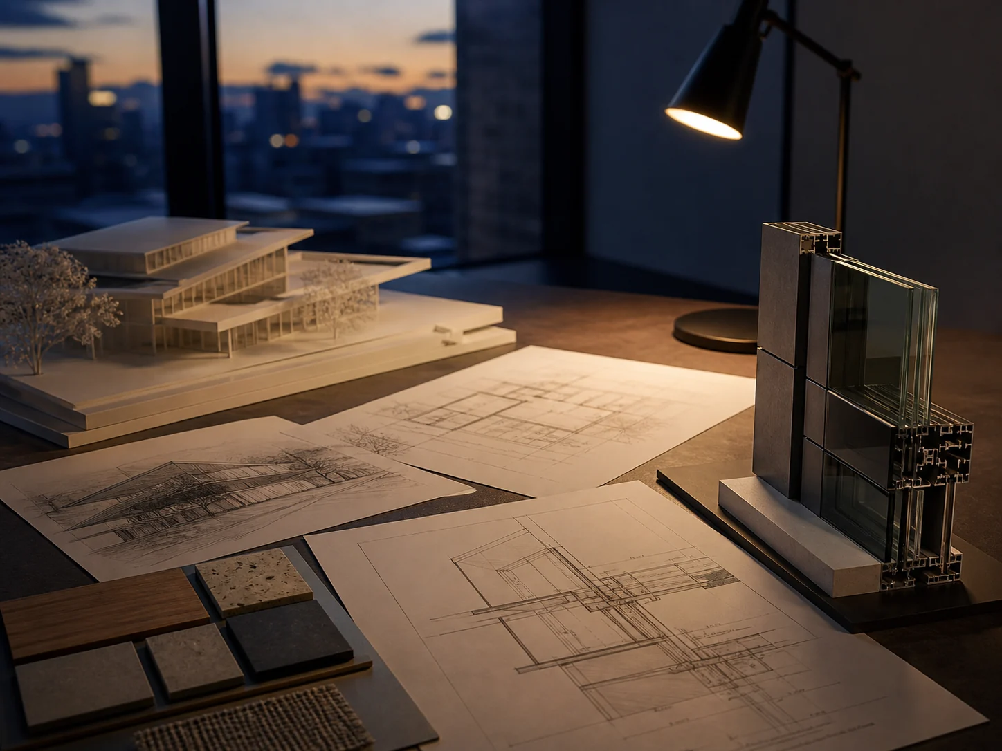 Coordinated architectural drawings, material samples and a facade detail on a studio table.