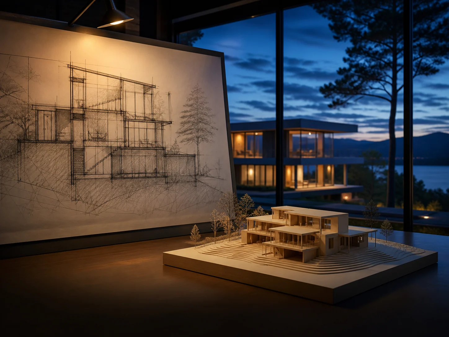 Architectural section drawing and basswood model in a studio at dusk.