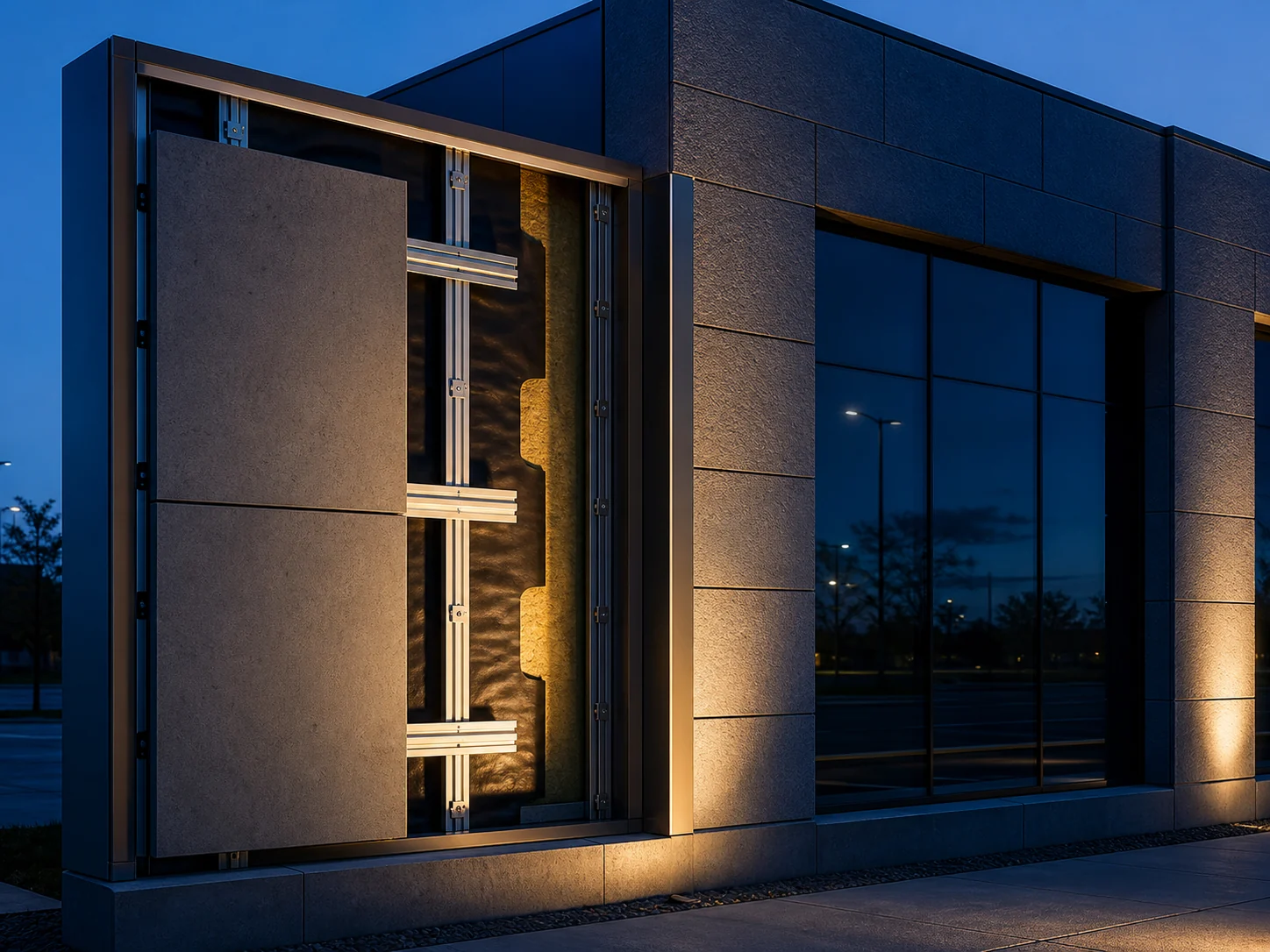 Open facade mock-up showing cladding, support rails, weather barrier and insulation.