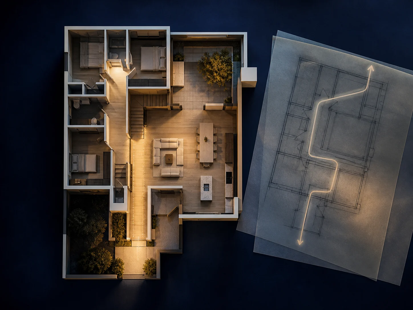 Top-down house plan model showing rooms, a stair, courtyard and circulation route.