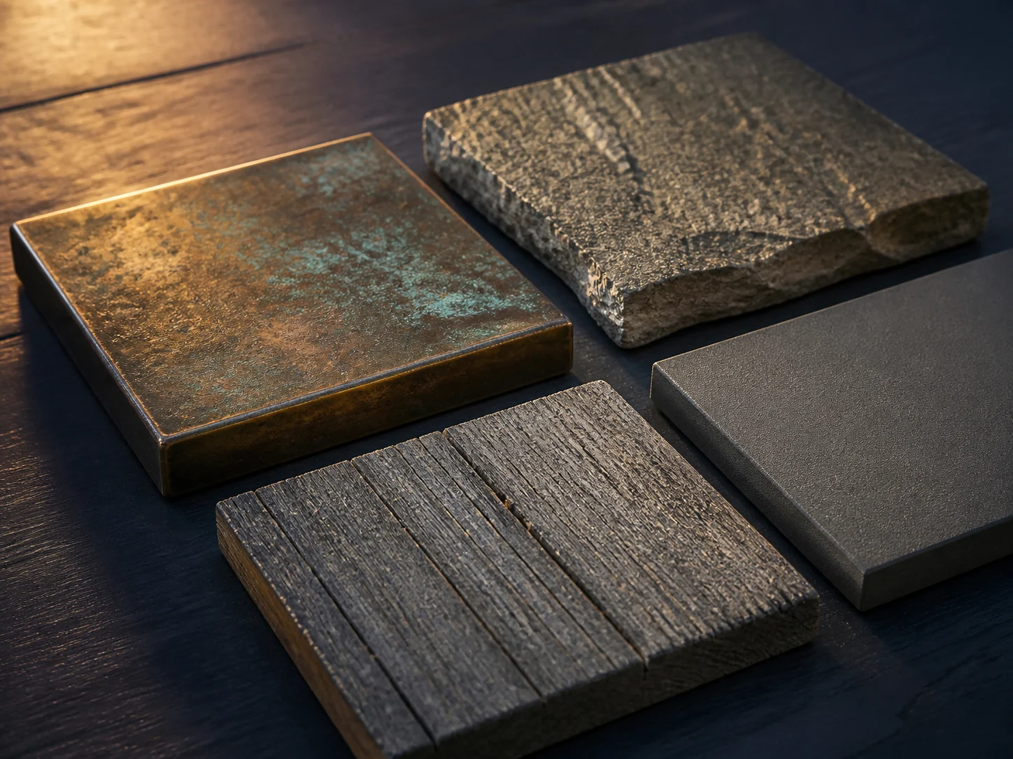 Weathered metal, stone, timber and composite material samples under warm light.