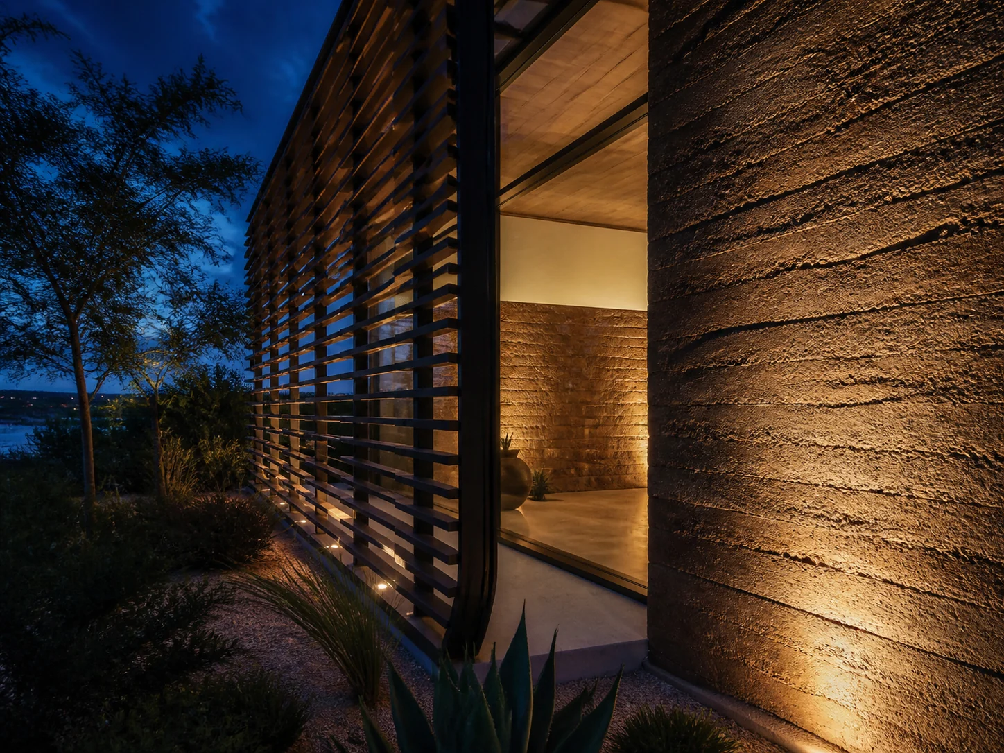 Exterior shading screen beside a masonry thermal-mass wall at dusk.